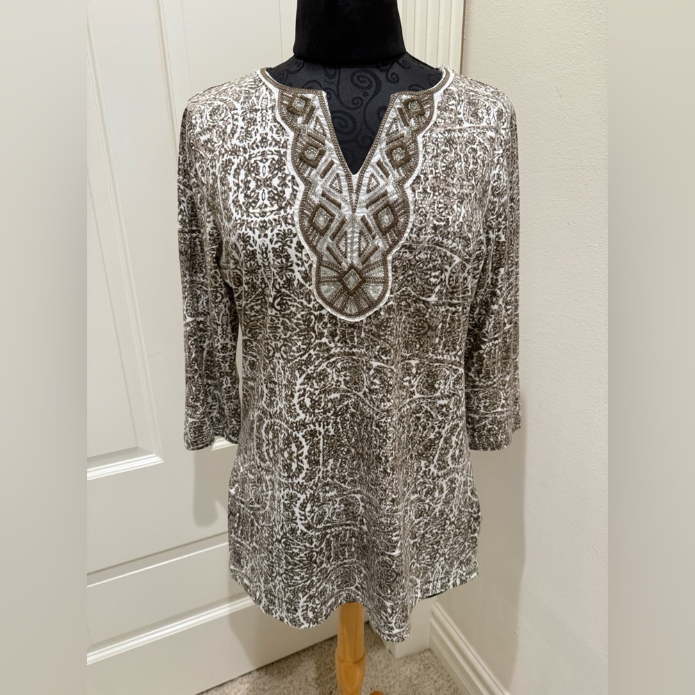 Brown and Cream Women's Top/beaded trim